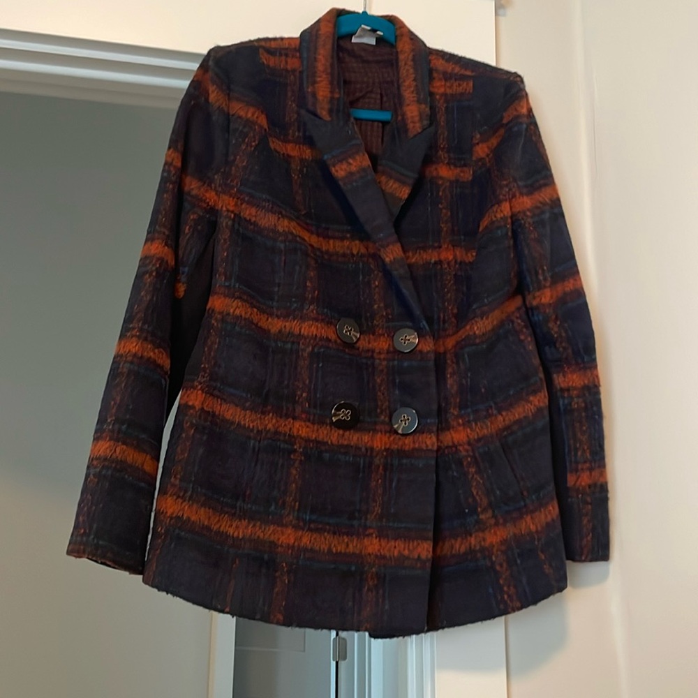 Cabi wool blend double breasted plaid jacket